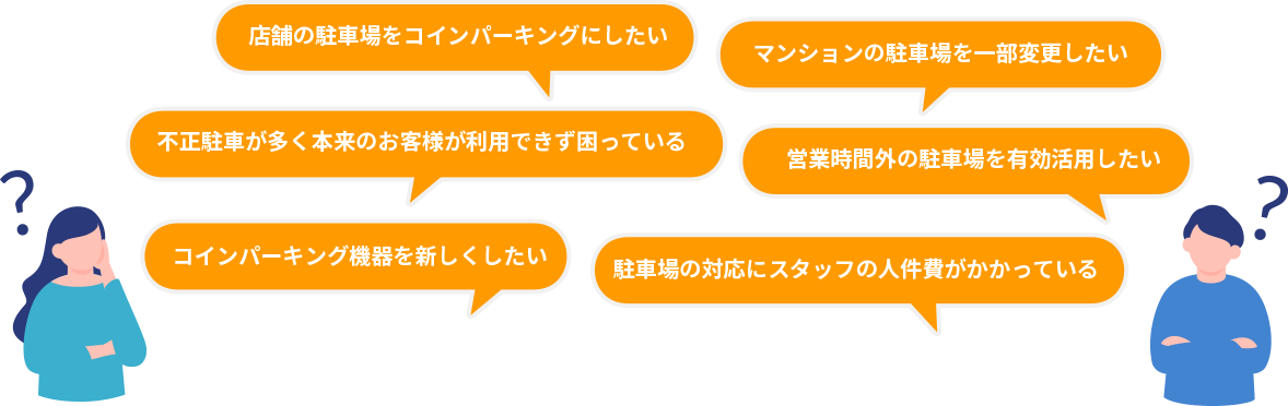 店舗の駐車場をコインパーキングにしたい マンションの駐車場を一部変更したい 不正駐車が多く本来のお客様が利用できず困っている 営業時間外の駐車場を有効活用したい コインパーキング機器を新しくしたい 駐車場の対応にスタッフの人件費がかかっている