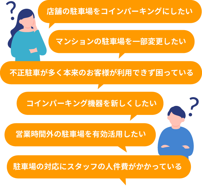 店舗の駐車場をコインパーキングにしたい マンションの駐車場を一部変更したい 不正駐車が多く本来のお客様が利用できず困っている 営業時間外の駐車場を有効活用したい コインパーキング機器を新しくしたい 駐車場の対応にスタッフの人件費がかかっている