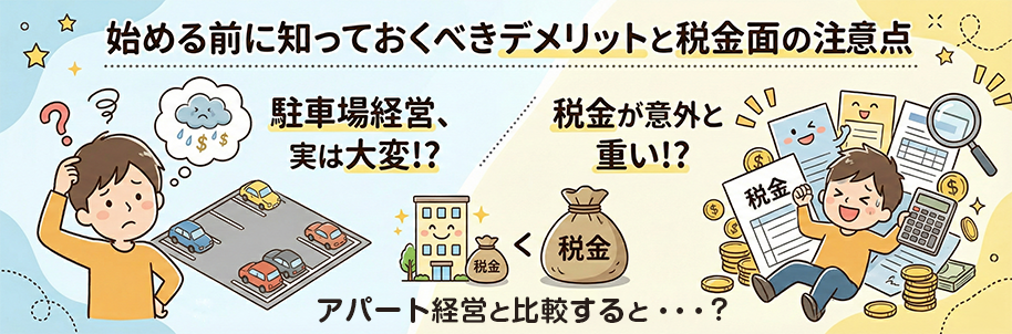 始めるまえに知っておくべきデメリットと税金面の注意点を表すイメージイラスト