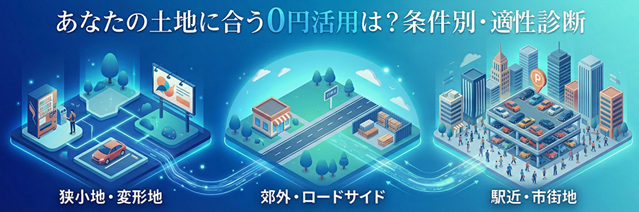 あなたの土地に合う0円活用は?条件別・適性診断を表すイメージイラスト