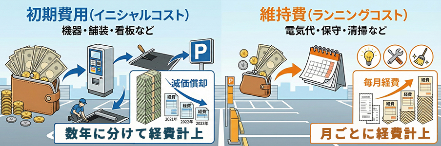 スタート時にかかる「初期費用」と毎月かかる「維持費」を表すイラスト画像