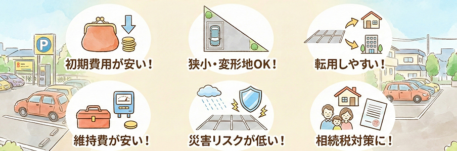 駐車場経営のメリット6つを表すイラスト画像