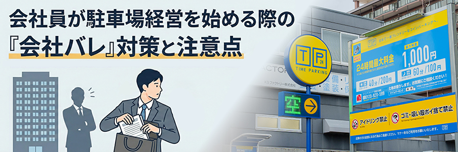 会社員が駐車場経営を始める際の「会社バレ」対策と注意点を表すイラスト画像