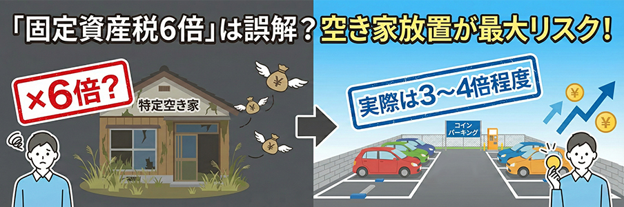 「駐車場にすると固定資産税が6倍」は本当?仕組みと対策を表すイラスト画像