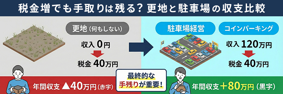 税金が増えても手取りは残る?更地と駐車場の収支シミュレーションを表すイラスト画像