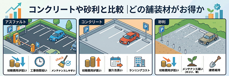 コンクリートや砂利と比較｜どの舗装材がお得かを図で表現したイラスト画像