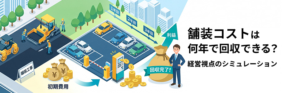 舗装コストは何年で回収できる？経営視点のシミュレーションを表すイラスト画像