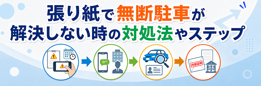 張り紙で無断駐車が解決しない時の対処法やステップを表す画像