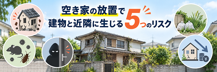 空き家の放置で建物と近隣に生じる5つのリスクを表す画像
