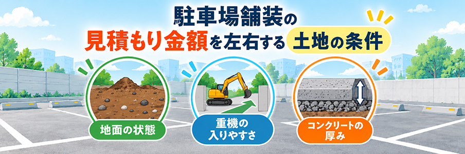 駐車場舗装の見積もり金額を左右する土地の条件を表す画像